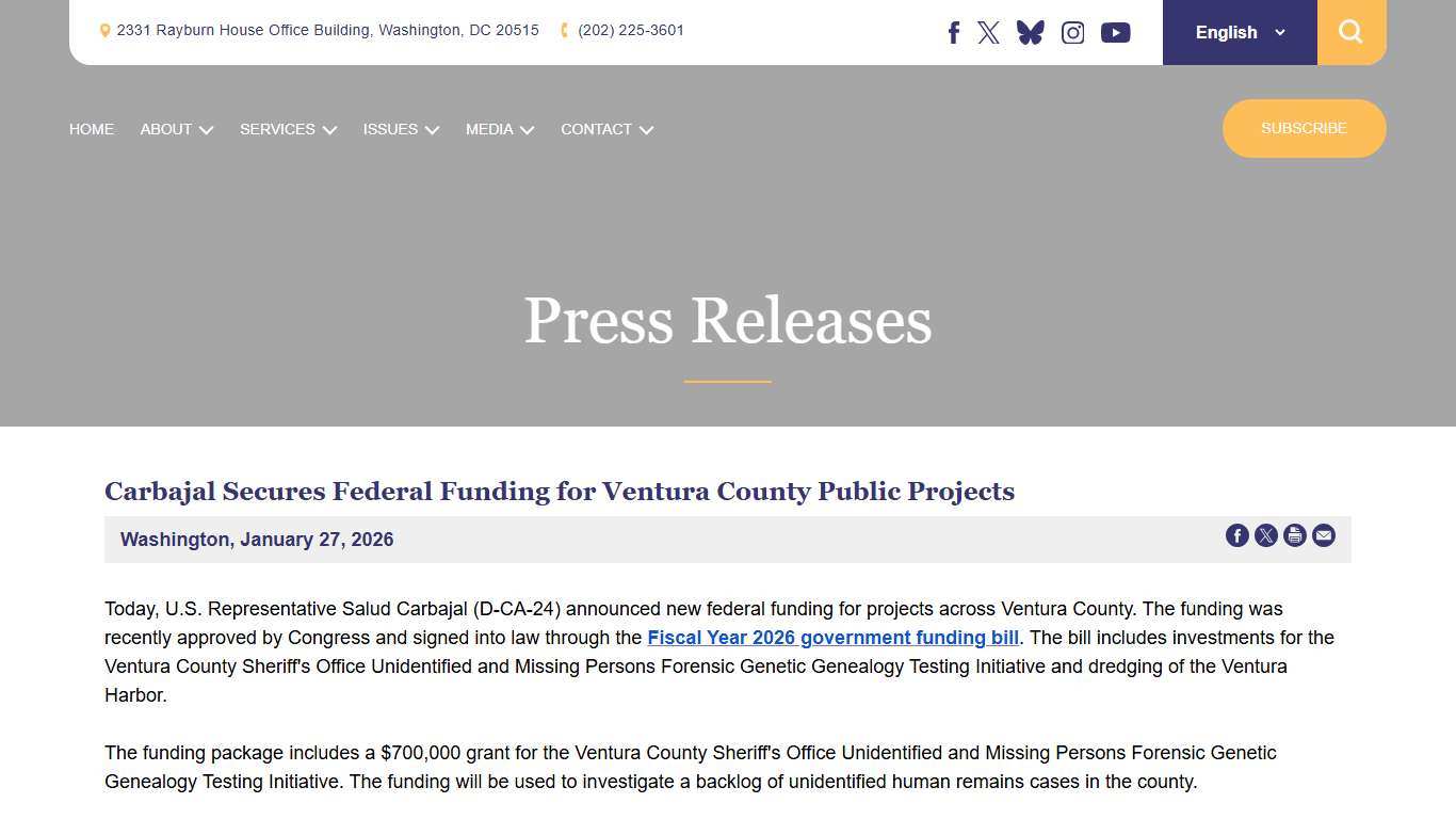 Carbajal Secures Federal Funding for Ventura County Public Projects U.S. Representative Salud Carbajal